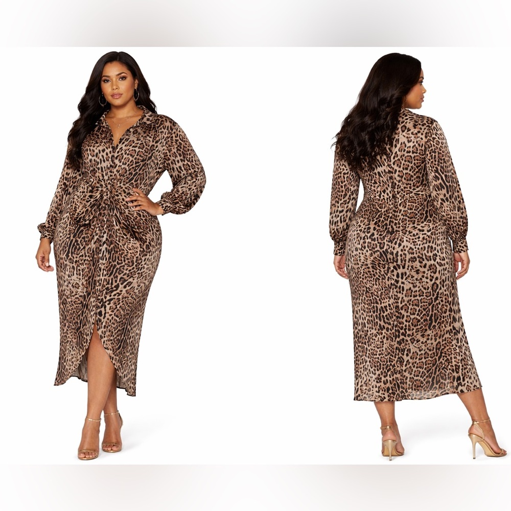 Fashion Nova Leopard Print Ruched Midi Dress | Size 1X